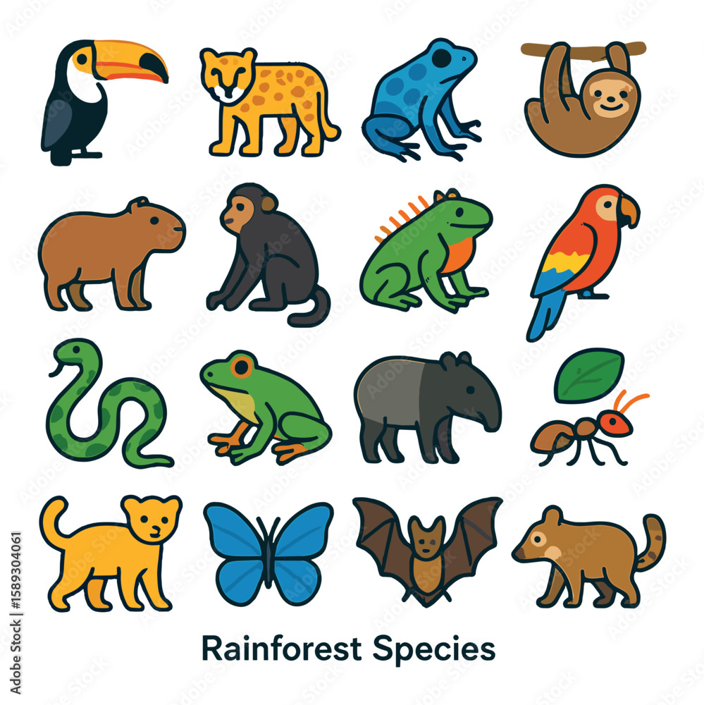 Fototapeta premium Rainforest species icon collection: simple wildlife icons with frog, snake, parrot, monkey,