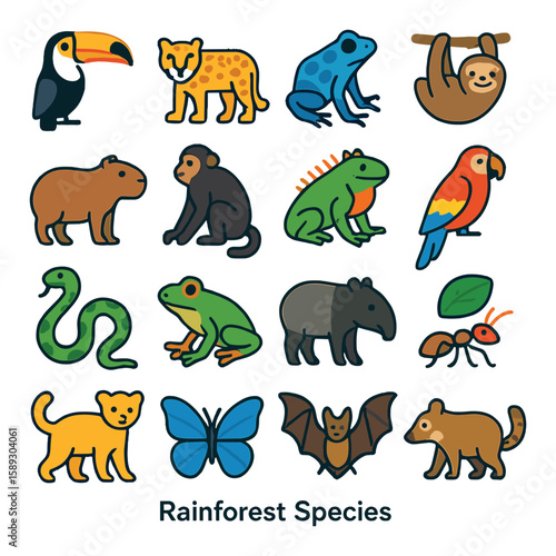 Rainforest species icon collection: simple wildlife icons with frog, snake, parrot, monkey,