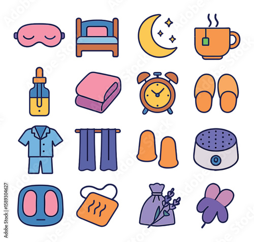 Rest & recovery icon collection. relaxation and wellness flat icons: bed, tea, clock, mask, slippers, comfy