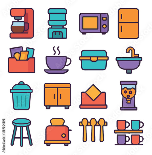 Breakroom icon collection. simple breakroom essentials flat icons. coffee, microwave, fridge, trash, sink, toaster
