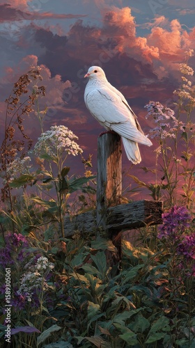 White Dove Perched on a Wooden Post at Sunset Surrounded by Colorful Leaves