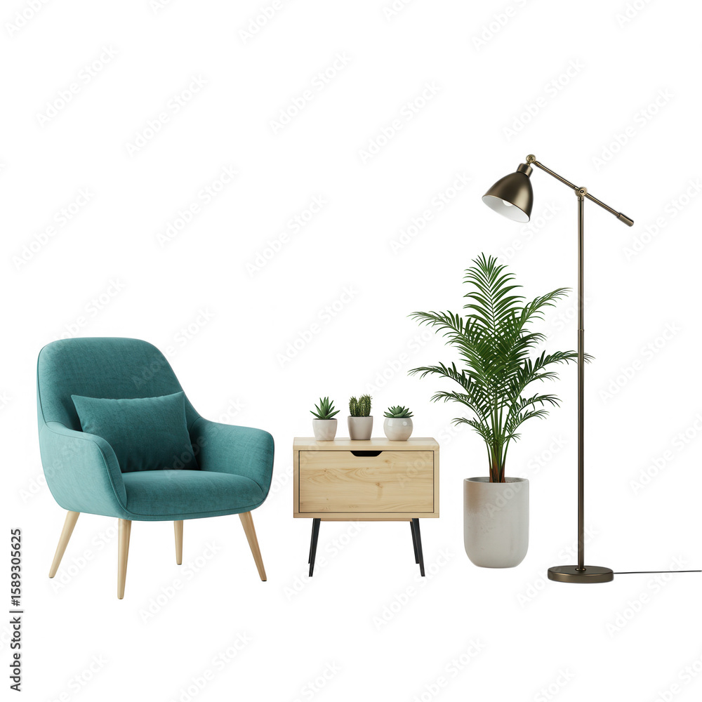 Fototapeta premium Living room setup with furniture and plant isolated on transparent background