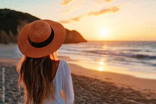 Beautiful Sunset at Beach With Woman in Straw Hat Enjoying Serene Ocean View