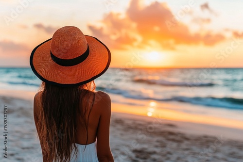 Sunset View at the Beach With a Woman Wearing a Straw Hat and Enjoying the Se...
