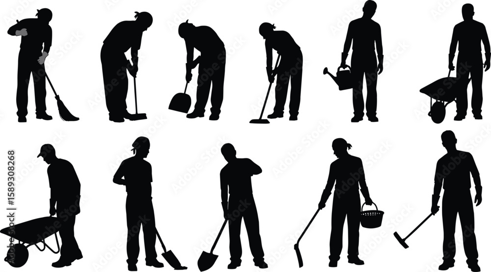 Obraz premium Silhouette of workers performing various gardening, cleaning, and maintenance tasks, outdoor laborers, people working with tools, vector illustration, isolated