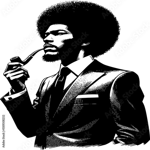 Sophisticated Gentleman: A stylish man with an afro smokes a pipe, exuding an air of calm confidence. His suit and posture convey a sense of sophistication and timeless style.