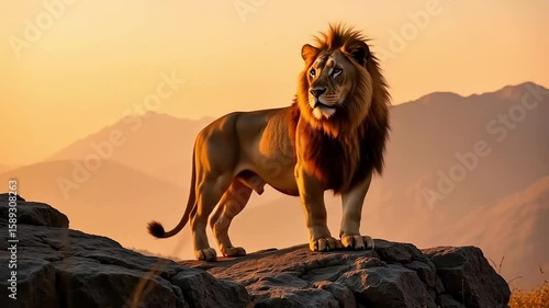 Wild lion standing on rocky mountain during golden sunset

