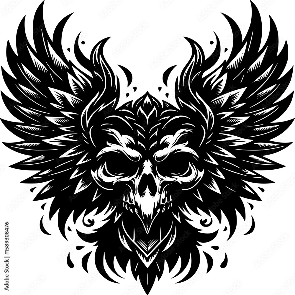 Obraz premium Dark Angel Skull: Black and white emblem featuring a menacing skull with stylized wings, radiating a powerful gothic aesthetic.