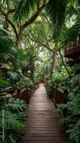Wooden Bridge Surrounded by Lush Forest and a Calm River in a Tropical Settin...