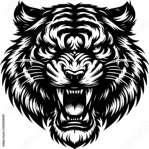 Fierce Tiger's Roar: A striking monochrome portrait captures the raw intensity of a tiger, showcasing its commanding presence.