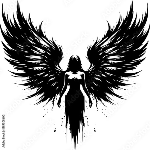 Dark Angel Wings: A dramatic illustration of a dark angel, wings spread wide, in a powerful and mysterious pose. The silhouette evokes a sense of strength and otherworldly presence.