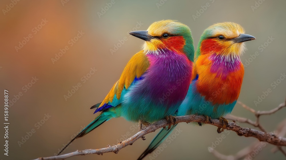 Fototapeta premium Two stunning colorful birds resting gracefully on a branch amidst a lush natural environment