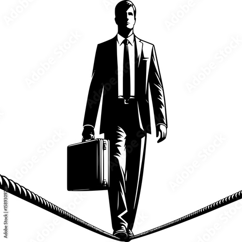 Balancing Act: A determined figure, clad in a business suit, embodies courage and precision as he navigates the challenge of a tightrope walk, briefcase in hand.