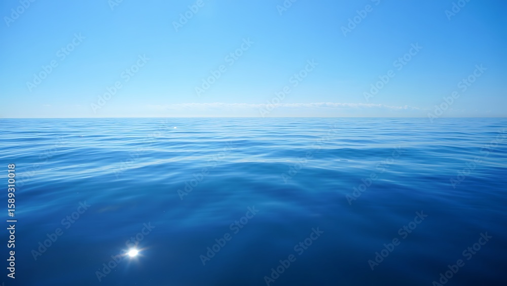 Obraz premium Blue sea meeting blue sky under soft clouds and sunlight