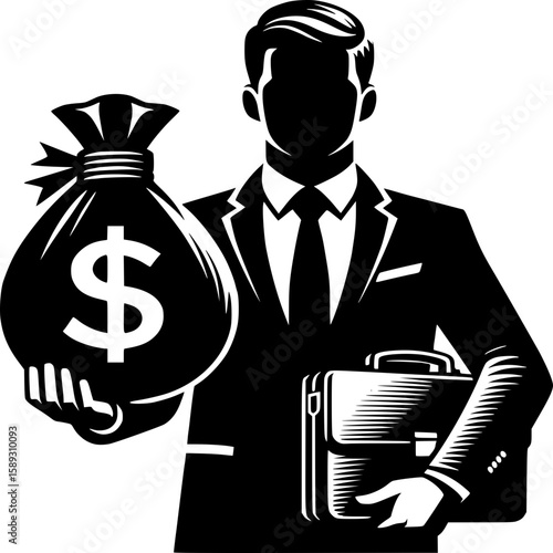 Financial Power Silhouette: A bold, stylized illustration of a well-dressed figure, exuding financial authority as they hold a bulging money bag emblazoned with a dollar sign.