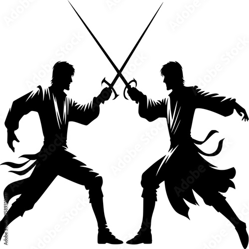 Silhouette Duel: A dramatic silhouette of two swordsmen locked in a fencing match, the crossed swords poised against each other.