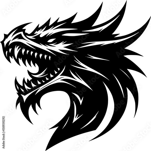 Majestic Dragon Portrait: A formidable black dragon head illustration, detailed with sharp features and an intimidating expression, is depicted against a clean background.