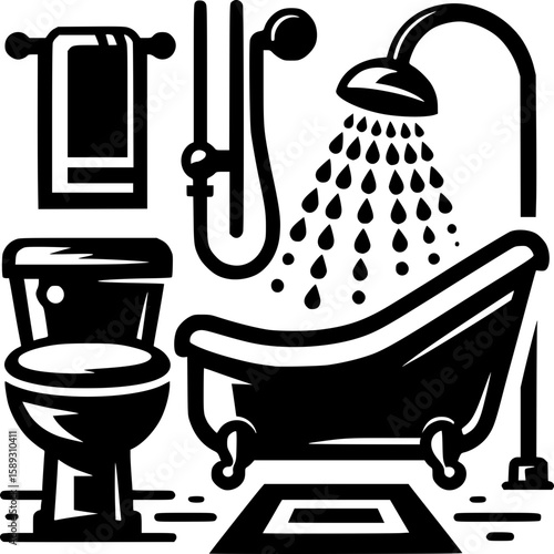 Bathroom Suite Icon: A stylish monochrome illustration of a bathroom suite, featuring a bathtub, shower, toilet, and towel. Ideal for design projects related to home improvement, interior design.