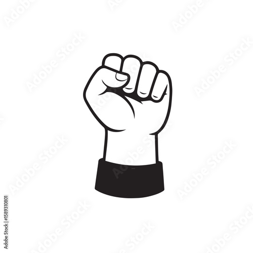 Vector illustration of male fist as a proletarian protest and power symbol, black and white.