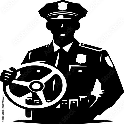 Police Officer in Duty: A silhouette of a police officer holding steering wheel, embodies strength and dedication to duty. Capturing the essence of law enforcement and service.