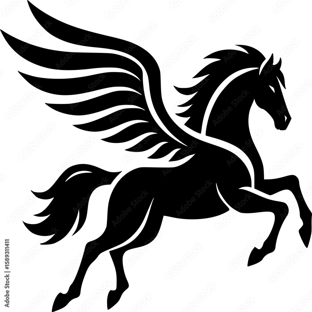 Fototapeta premium Majestic Pegasus Silhouette: A striking black silhouette of a Pegasus, showcasing its powerful form and spread wings, captures the essence of myth and fantasy.