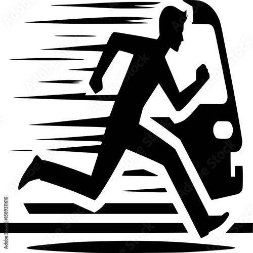 Chasing the Bus: A dynamic silhouette of a person sprinting to catch a public transportation vehicle. The image conveys a sense of urgency, haste, and the pursuit of time.