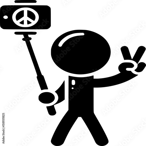 Selfie of peace: A minimalist silhouette embodies the spirit of peace, capturing a moment of self-expression with a selfie stick and iconic peace sign.