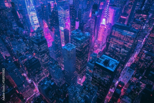 Stunning Night View of a Vibrant City Skyline Illuminated by Colorful Lights.