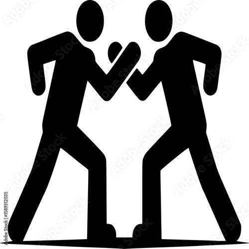 Arm Wrestle: Two figures locked in intense arm wrestling match.  A depiction of competition, strength and rivalry.