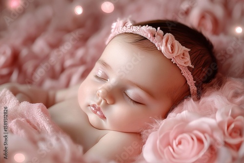Adorable Baby Girl Sleeping Peacefully Surrounded by Soft Pink Flowers