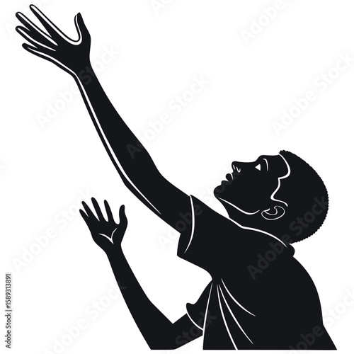 Silhouette of a Man Reaching Upward with Hopeful Expression in a Minimalist Black and White Design Embodying Ambition
