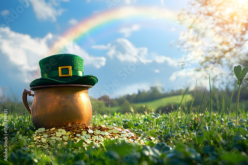 St. Patrick's Day treasure: pot of gold, green hat, rainbow, and shamrocks in nature