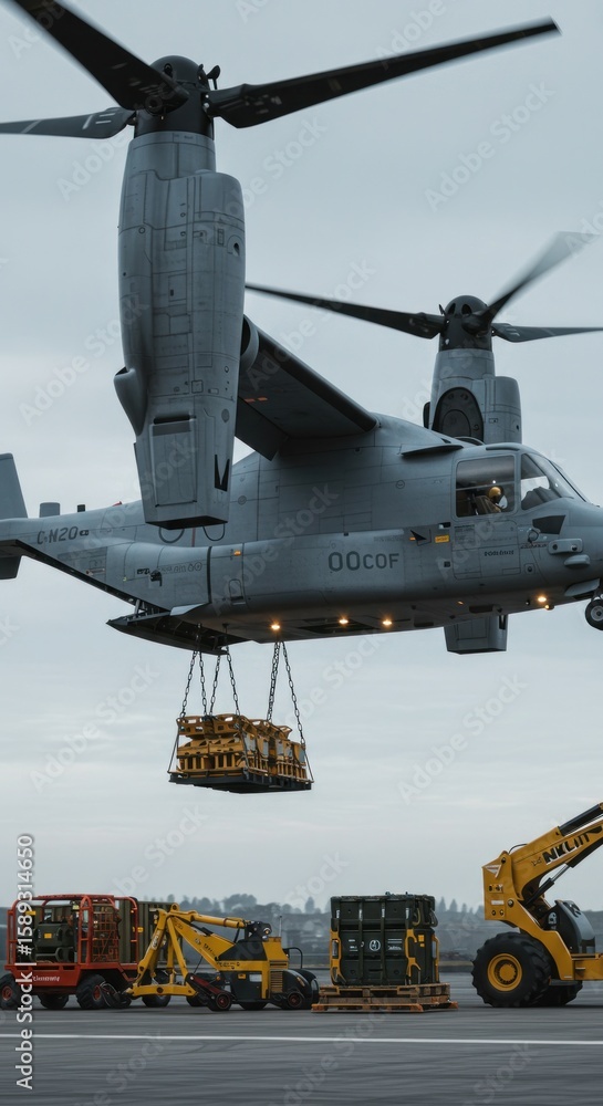 Obraz premium Military tiltrotor transport aircraft lifting cargo