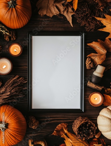 Autumn Decoration With Pumpkins, Candles, and Leaves Arranged on a Rustic Woo...