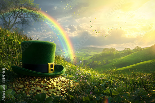 St. Patrick's Day treasure landscape with rainbow, gold coins and green leprechaun hat