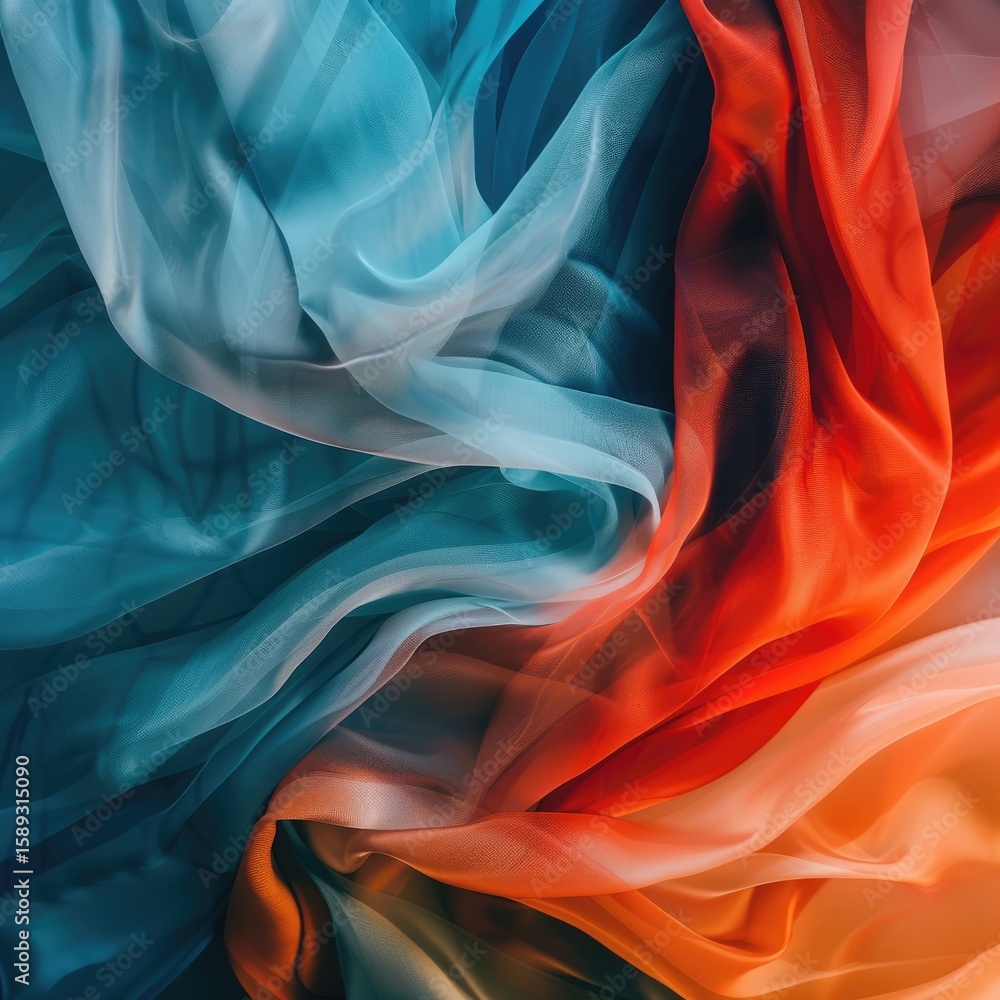 Fototapeta premium Abstract image of flowing, translucent fabric in teal, orange, and red hues, creating a swirling, dynamic composition