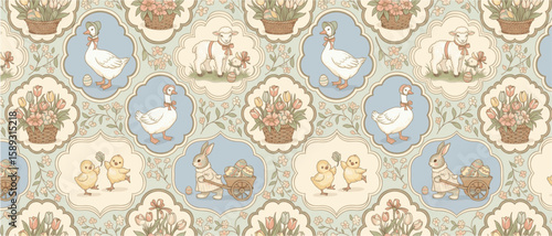 Whimsical Easter Spring Pattern with Cute Farm Animals - Geese, Lambs, Chicks, and Bunny Cart.