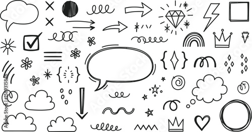 Diverse doodle elements showcase abstract design, perfect for decoration, invitations, and artistic projects that require unique sketched illustration