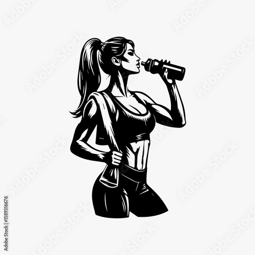 Fitness Woman Drinking Sports Drink in Profile View.