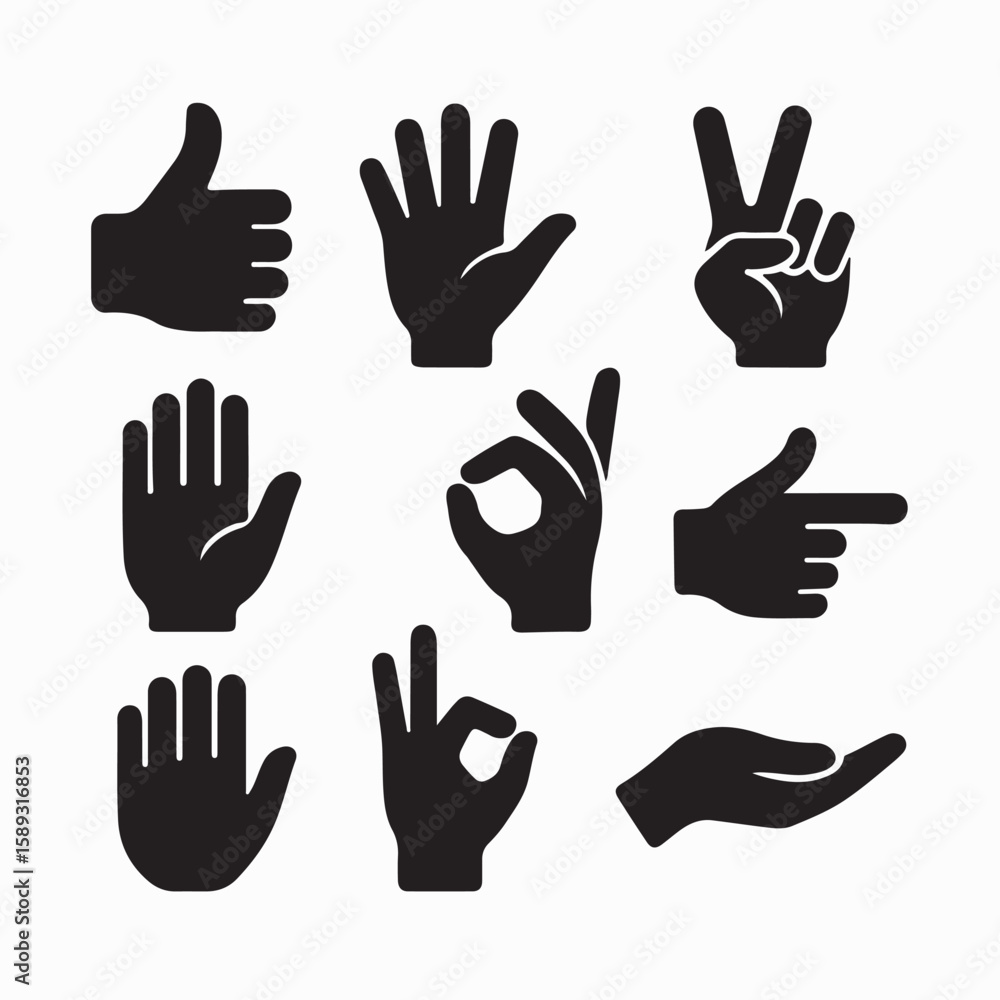 Fototapeta premium Collection of hand gestures, icons, symbols, and signs in various minimalist graphic styles.