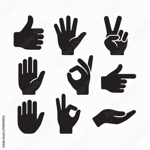 Collection of hand gestures, icons, symbols, and signs in various minimalist graphic styles.