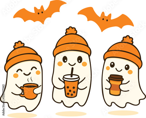 Cute ghost orange hat bat coffee bubble tea Halloween cartoon happy autumn drink kawaii beverage smiling character seasonal