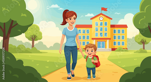 Adobe illustrator artwork vector illustration of a cheerful parent and child heading to elementary school in the morning, featuring a colorful building with clock and flag in sunrise glow