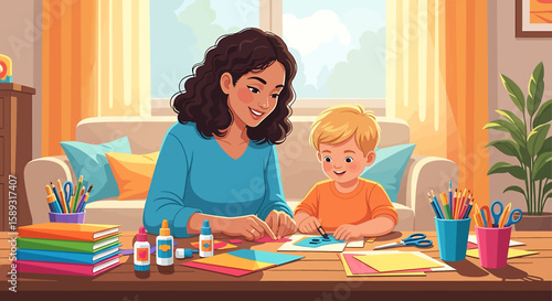 Adobe illustrator artwork vector illustration of a mother and child joyfully crafting at home using paper, scissors, and glue in a cozy interior setting filled with warmth and bonding.