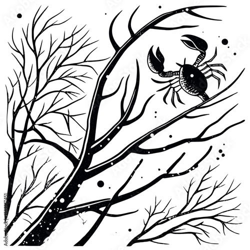 Monochrome Zodiac Cancer Amidst Bare Winter Branches A Stark Contrast in Textural Illustration with Poetic Flair