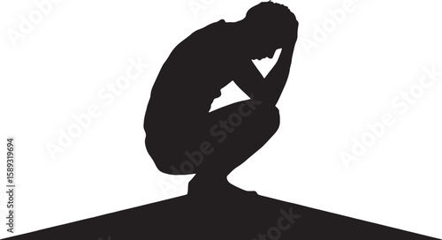 Silhouette of person sitting in distress with hands on head symbolizing depression anxiety mental health struggle loneliness emotional breakdown and sadness