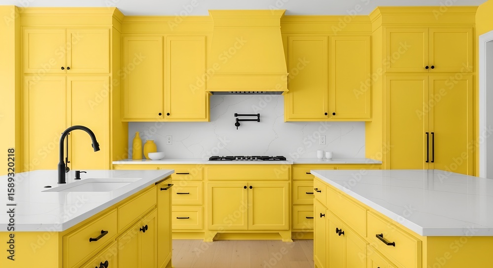 Fototapeta premium A dazzling monochromatic yellow kitchen, showcasing sunny cabinets, pristine white quartz countertops, and stylish black hardware, creating a vibrant and inviting space, perfect for 'The Funky