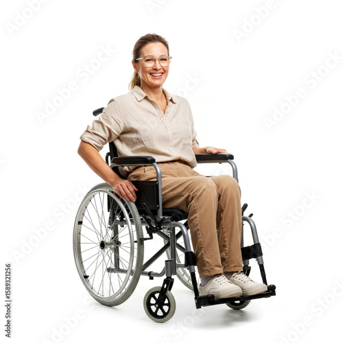 Smiling woman with disability in wheelchair isolated on white background