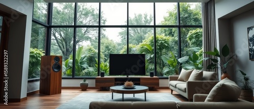 a modern living room with floor-to-ceiling windows overlooking a lush green garden