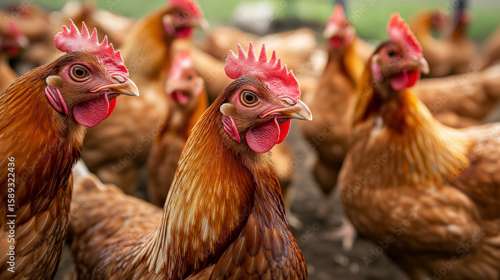 Fototapeta premium Chickens on traditional free range poultry farm 